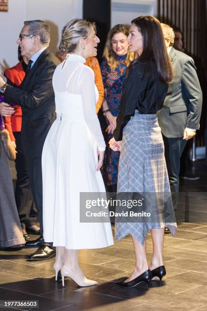 Minister of Labour and Social Economy Yolanda Díaz and Queen Letizia of Spain attend an event for the World Cancer Day at the La Salle by Eneldo...