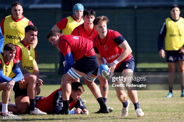 Stephen Varney of Italy kneels on the field during a training session at Centro Sportivo Giulio Onesti on February 01, 2024 in Rome, Italy.