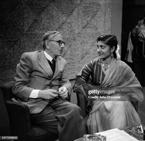 Sir Ivor Jennings, Vice-Chancellor of the University of Ceylon , and presenter Shakuntala Shrinagesh, during a broadcast of 'Asian Club', the first...