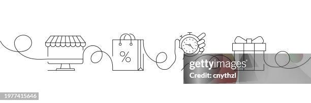 continuous one line drawing shopping icons concept. single line vector illustration. online shop, hot price, discount, retail. - shopping district stock illustrations