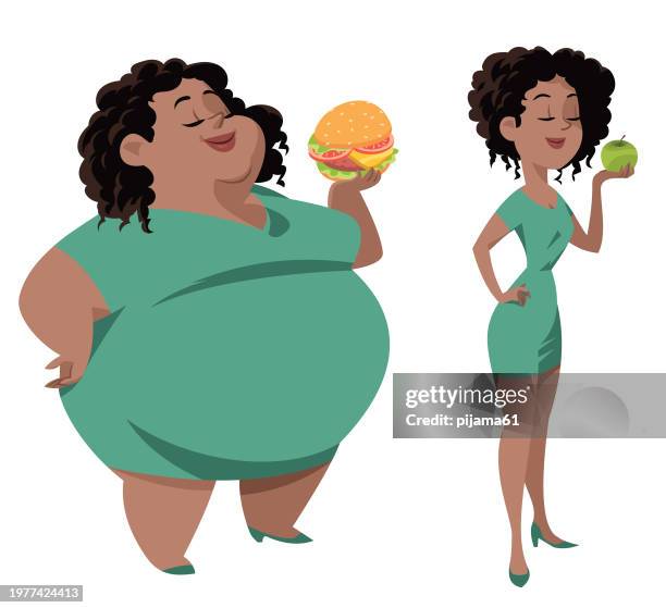 vor und nach der gewichtsabnahme. übergewichtige afroamerikanerin steht vor dünner, schlanker, durchtrainierter frau. fett- und übergewichts-figur-konzept. - big fat black man stock-grafiken, -clipart, -cartoons und -symbole