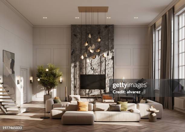 3d renders of stylish living room interior - pendant light stock pictures, royalty-free photos & images