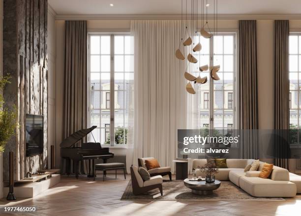 große, luxuriöse, moderne innenräume eines wohnzimmers - hängelampe stock-fotos und bilder