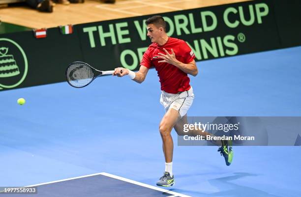 Limerick , Ireland - 4 February 2024; Alexander Erler of Austria in action against David O'Hare and Conor Gannon of Ireland during their doubles...