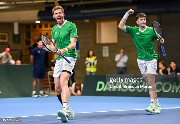 Limerick , Ireland - 4 February 2024; David O'Hare, right, and Conor Gannon of Ireland celebrates winning a point during their doubles match against...