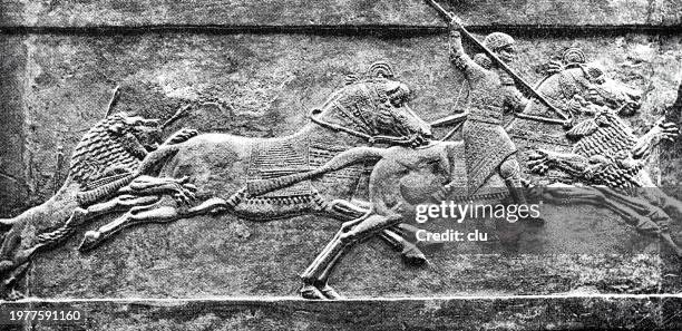 ilustraciones, imágenes clip art, dibujos animados e iconos de stock de guerrero asirio luchando contra leones - lion-fight-drawing