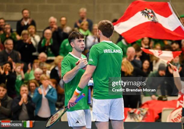 Limerick , Ireland - 4 February 2024; Conor Gannon, left, and David O'Hare of Ireland after their doubles match against Alexander Erler and Lucas...