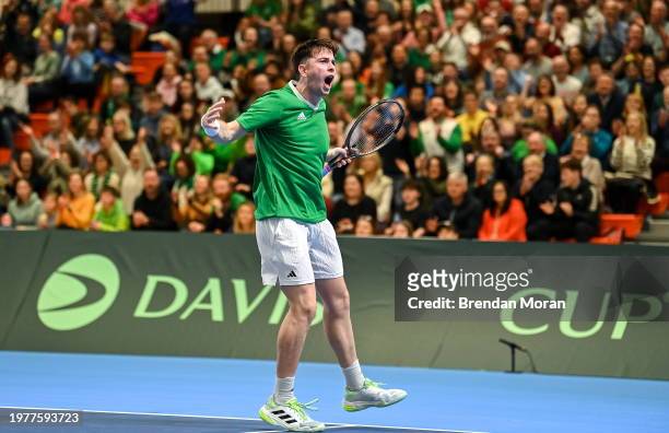 Limerick , Ireland - 4 February 2024; Conor Gannon of Ireland celebrates winning a point against Alexander Erler and Lucas Miedler of Austria during...
