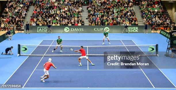 Limerick , Ireland - 4 February 2024; David O'Hare and Conor Gannon of Ireland in action against Alexander Erler and Lucas Miedler of Austria during...