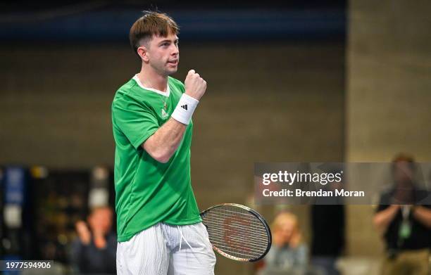 Limerick , Ireland - 4 February 2024; Conor Gannon of Ireland celebrates winning a point against Alexander Erler and Lucas Miedler of Austria during...