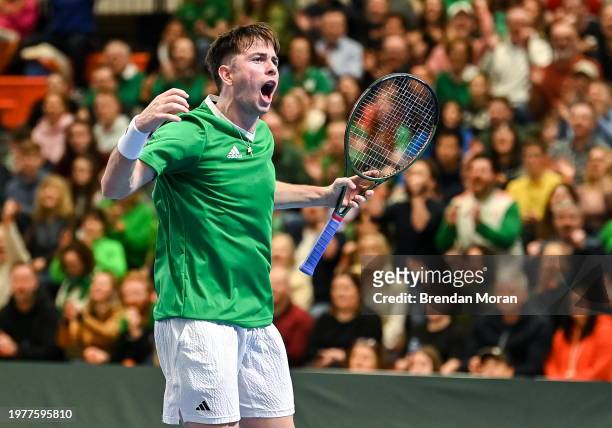 Limerick , Ireland - 4 February 2024; Conor Gannon of Ireland celebrates winning a point against Alexander Erler and Lucas Miedler of Austria during...