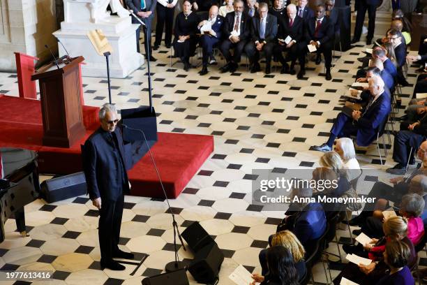 Opera singer Andrea Bocelli sings during the annual National Prayer Breakfast in Statuary Hall in the U.S. Capitol on February 01, 2024 in...