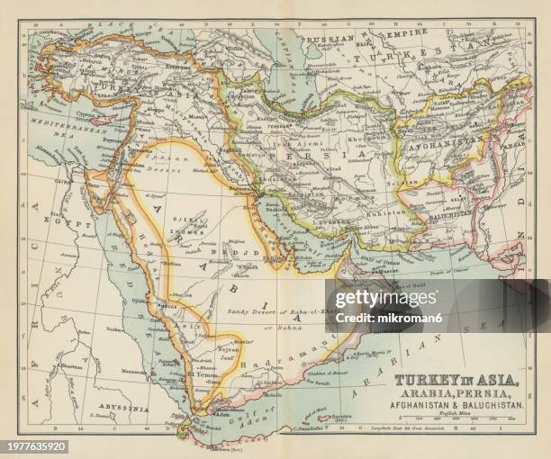old chromolithograph map of turkey in asia, arabia, persia, afganistan and baluchistan - persian empire map stock pictures, royalty-free photos & images