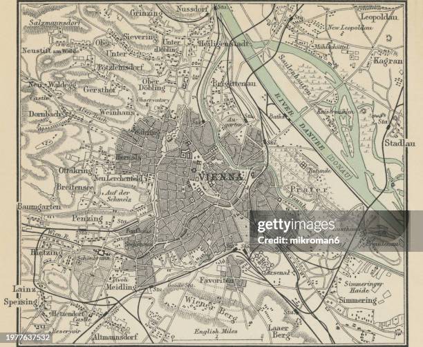 old chromolithograph map of vienna, national capital, largest city, and one of nine states of austria - austrian culture stock pictures, royalty-free photos & images