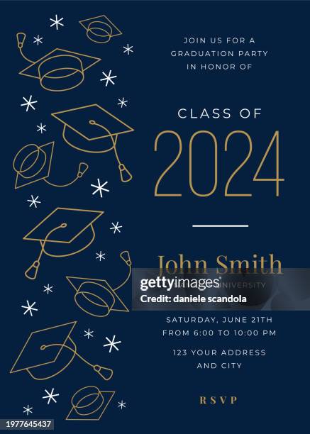 illustrations, cliparts, dessins animés et icônes de illustration vectorielle d’un modèle de conception d’invitation à la classe de remise des diplômes de 2024 avec des éléments d’icône. - repas entre amis