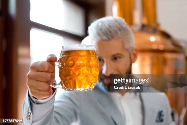 microbrewery owner checking quality of beer - vat stock pictures, royalty-free photos & images