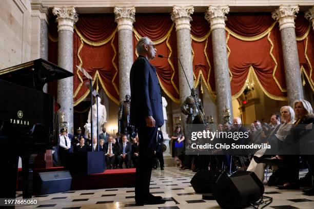 Italian tenor Andrea Bocelli sings during the annual National Prayer Breakfast in the Statuary Hall of the U.S. Capitol on February 01, 2024 in...