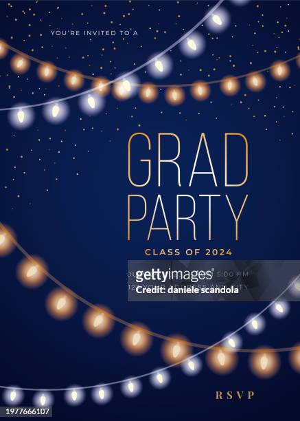 2024 graduate party invitation template with string lights. for invitation, banner, poster, postcard. - varsity jacket stock illustrations