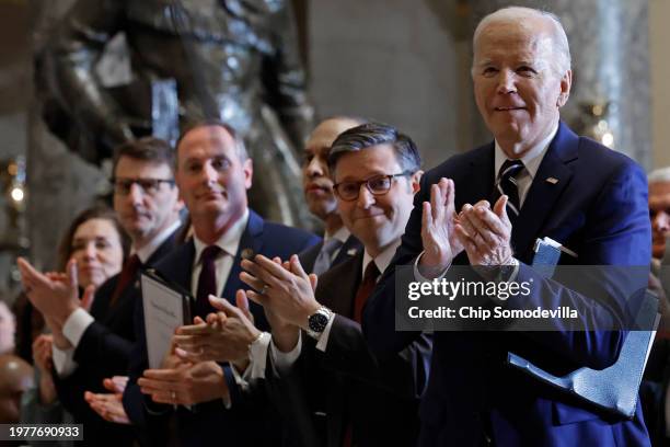 President Joe Biden , Speaker of the House Mike Johnson and others give a standing ovation to Italian tenor Andrea Bocelli during the annual National...