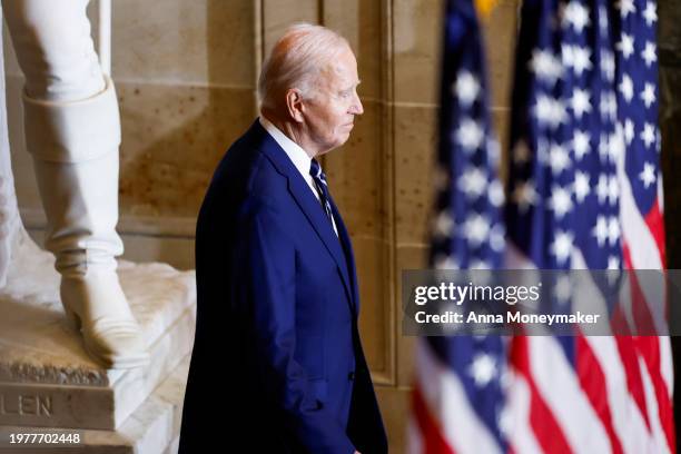 President Joe Biden arrives to the annual National Prayer Breakfast in Statuary Hall in the U.S. Capitol on February 01, 2024 in Washington, DC. This...