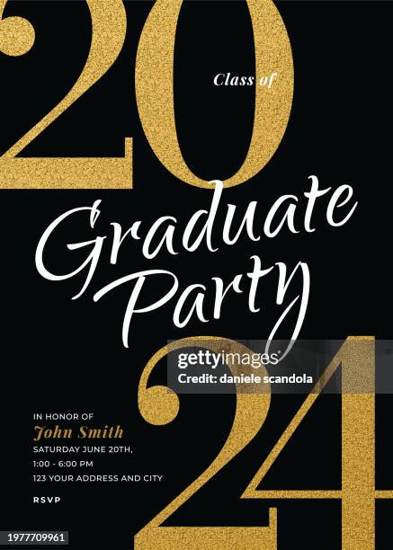 graduation class of 2024. party invitation. greeting cards with golden glitter. - varsity jacket stock illustrations