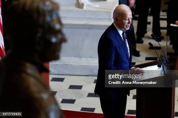 President Joe Biden gives remarks during the annual National Prayer Breakfast in Statuary Hall in the U.S. Capitol on February 01, 2024 in...