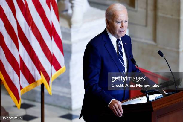 President Joe Biden gives remarks during the annual National Prayer Breakfast in Statuary Hall in the U.S. Capitol on February 01, 2024 in...