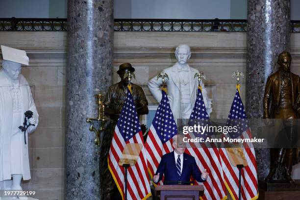 President Joe Biden gives remarks during the annual National Prayer Breakfast in Statuary Hall in the U.S. Capitol on February 01, 2024 in...