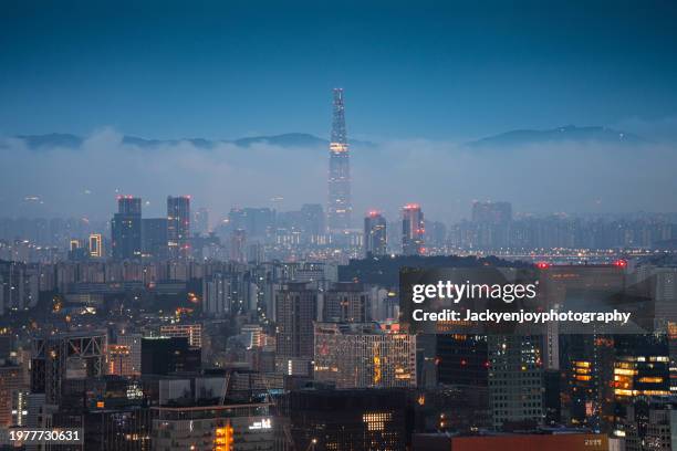 seoul, south korea's lotte world tower - river han stock pictures, royalty-free photos & images