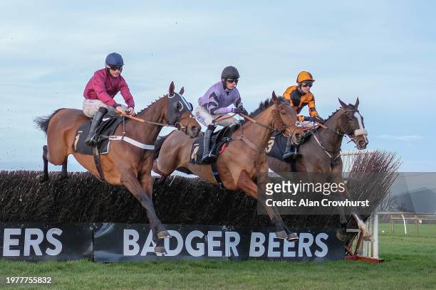 Runners clear a fence during The Weatherbys Cheltenham Festival Betting Guide Handicap Chase at Wincanton Racecourse on February 01, 2024 in...