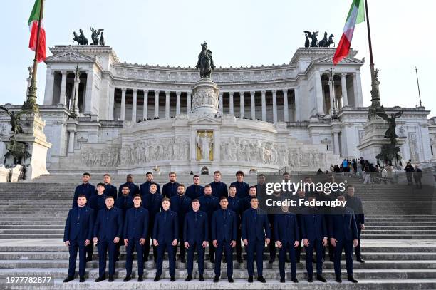 Italian rugby players pose during the Italy official team photo at the Altare della Patria on February 01, 2024 in Rome, Italy.