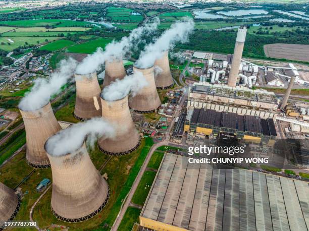 drone view of ratcliffe on soar power station in nottinghamshire - nottinghamshire stock pictures, royalty-free photos & images