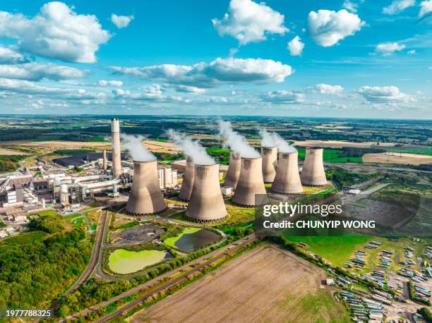 drone view of ratcliffe on soar power station in nottinghamshire - nottinghamshire stock pictures, royalty-free photos & images