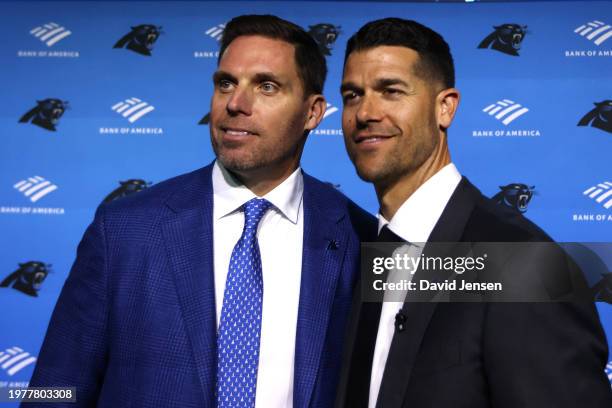 Carolina Panthers President of Football Operations Dan Morgan and Head Coach Dave Canales pose for a photo after speaking with the media as the...