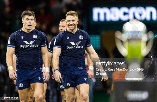 Scotland's Huw Jones and Kyle Steyn at full time during a Guinness Six Nations match between Wales and Scotland at the Principality Stadium, on...