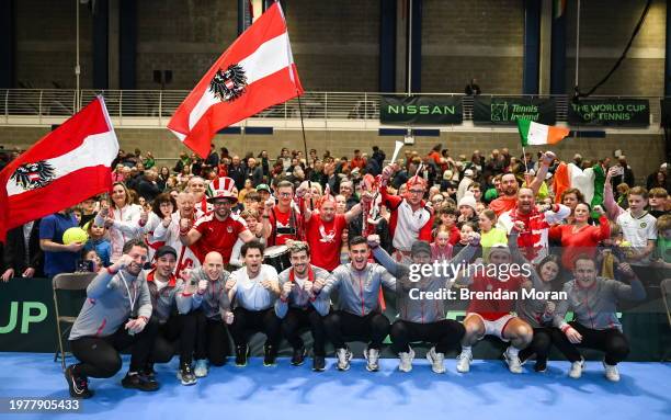 Limerick , Ireland - 4 February 2024; The Austria team celebrate their victory on day two of the Davis Cup World Group I Play-off 1st Round match...