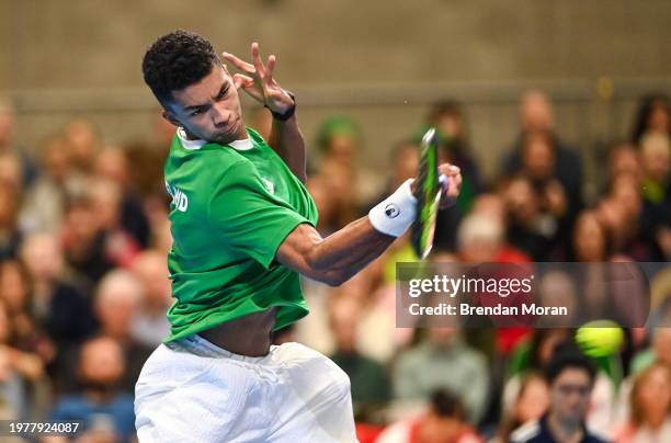 Limerick , Ireland - 4 February 2024; Michael Agwi of Ireland in action against Lucas Miedler of Austria during their singles match on day two of the...