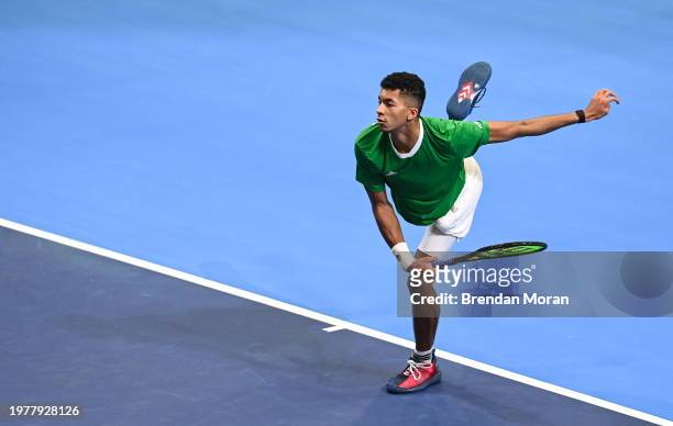 Limerick , Ireland - 4 February 2024; Michael Agwi of Ireland in action against Lucas Miedler of Austria during their singles match on day two of the...