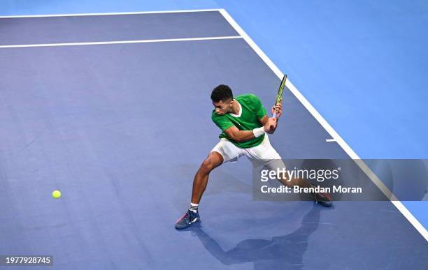 Limerick , Ireland - 4 February 2024; Michael Agwi of Ireland in action against Lucas Miedler of Austria during their singles match on day two of the...