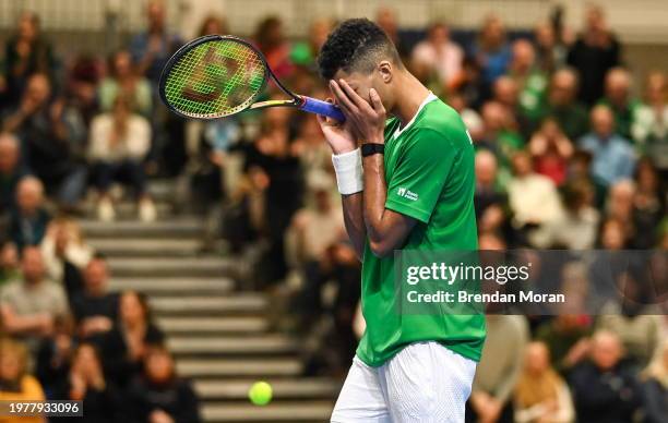 Limerick , Ireland - 4 February 2024; Michael Agwi of Ireland reacts during his singles match against Lucas Miedler of Austria on day two of the...