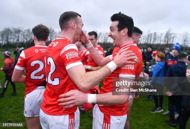 Louth , Ireland - 4 February 2024; Wayne Campbell, left, and Tommy Durnin of Louth celebrate after the Allianz Football League Division 2 match...