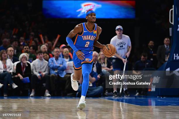 Shai Gilgeous-Alexander of the Oklahoma City Thunder handles the ball during the first half against the Denver Nuggets at Paycom Center on January...