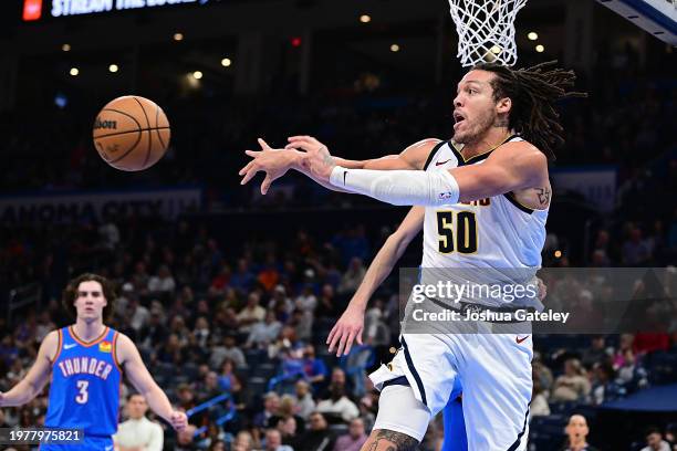 Aaron Gordon of the Denver Nuggets passes the ball during the second half against the Oklahoma City Thunder at Paycom Center on January 31, 2024 in...