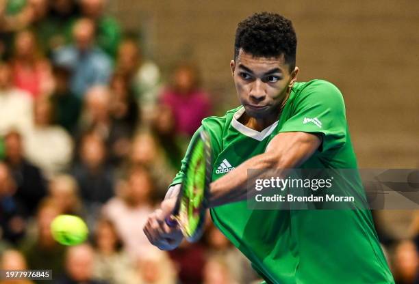 Limerick , Ireland - 4 February 2024; Michael Agwi of Ireland in action against Lucas Miedler of Austria during their singles match on day two of the...