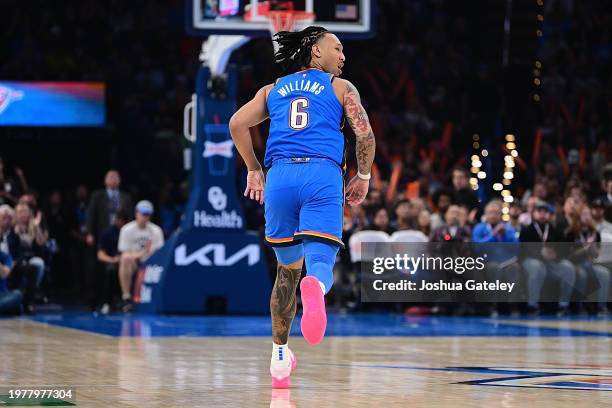 Jaylin Williams of the Oklahoma City Thunder runs down the floor during the first half against the Denver Nuggets at Paycom Center on January 31,...