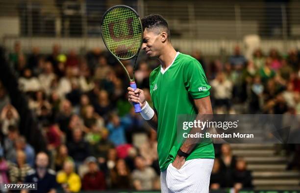 Limerick , Ireland - 4 February 2024; Michael Agwi of Ireland reacts during his singles match against Lucas Miedler of Austria on day two of the...