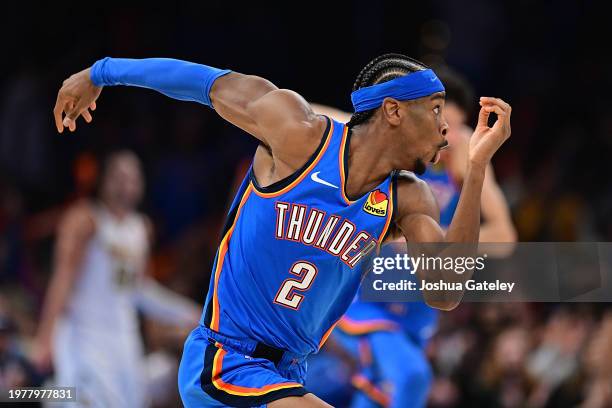 Shai Gilgeous-Alexander of the Oklahoma City Thunder sprints back on defense during the second half against the Denver Nuggets at Paycom Center on...