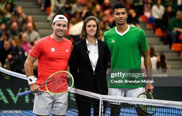 Limerick , Ireland - 4 February 2024; Lucas Miedler of Austria, left, and Michael Agwi of Ireland with umpire Floriane Dierckx before their singles...