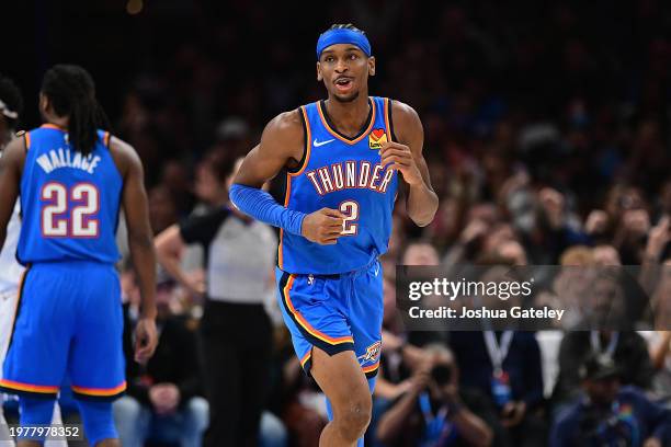 Shai Gilgeous-Alexander of the Oklahoma City Thunder smiles after a made basket during the second half against the Denver Nuggets at Paycom Center on...