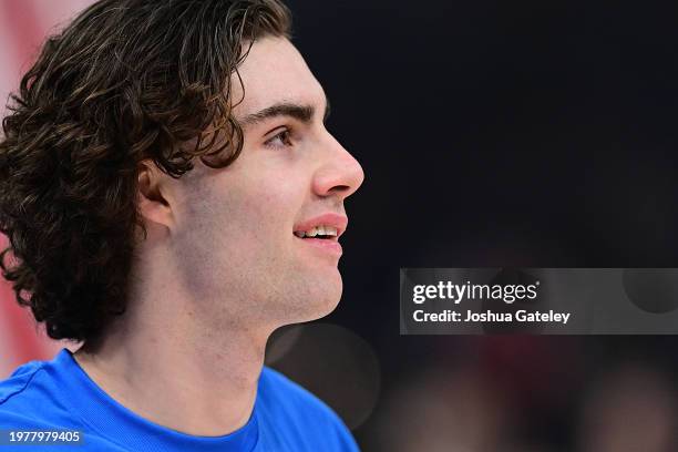 Josh Giddey of the Oklahoma City Thunder smiles during pregame against the Denver Nuggets at Paycom Center on January 31, 2024 in Oklahoma City,...